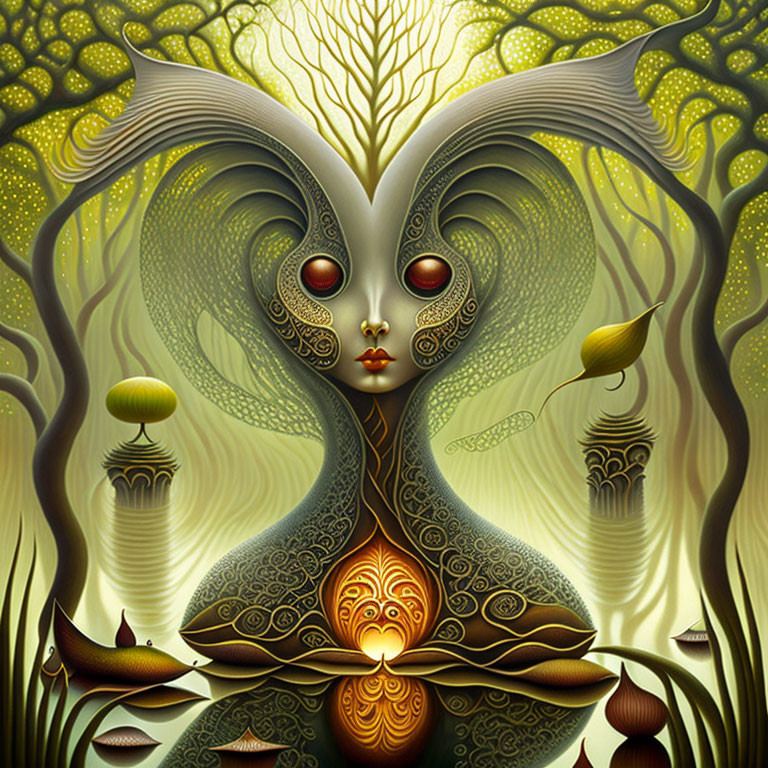 Surreal humanoid figure with tree-like features in mystical forest with floating fish