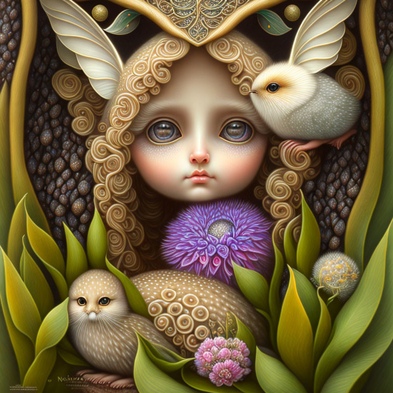 Surreal portrait of a girl with owlets and flora in earthy tones