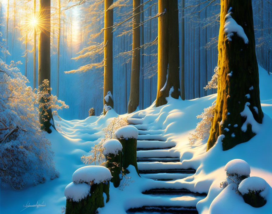 Snow-covered forest staircase illuminated by sunlight