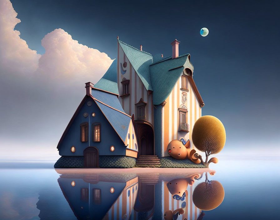 Whimsical house and cartoonish tree reflected on calm water under dusky sky