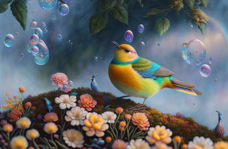 Colorful Bird Surrounded by Flowers and Bubbles
