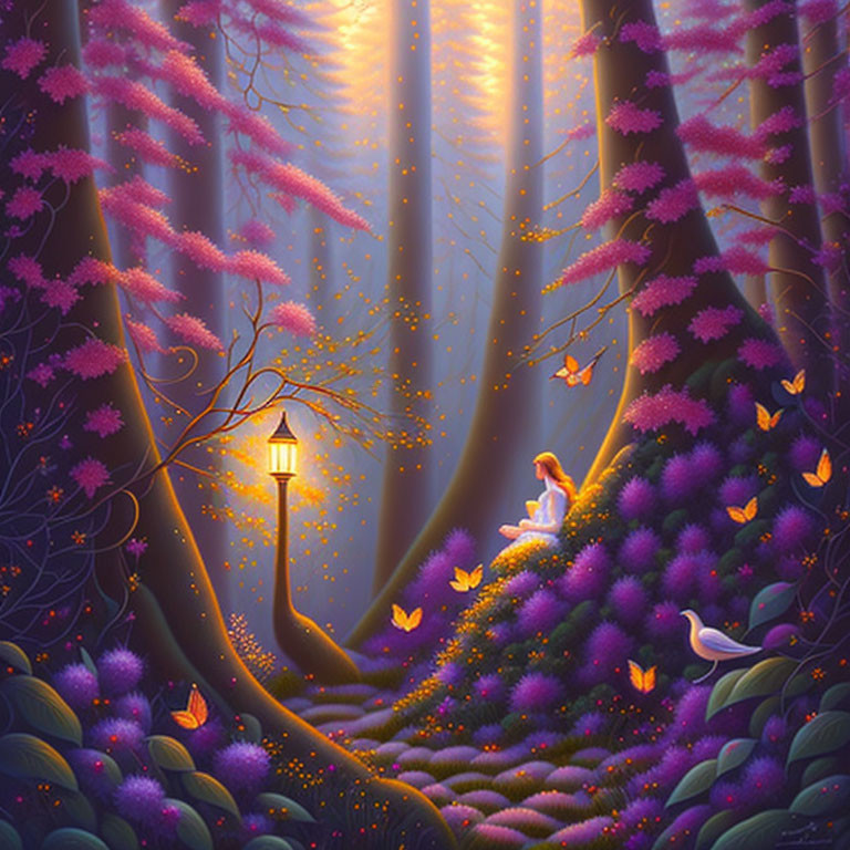 Tranquil forest scene with girl, butterflies, flowers, lamp post, and light rays