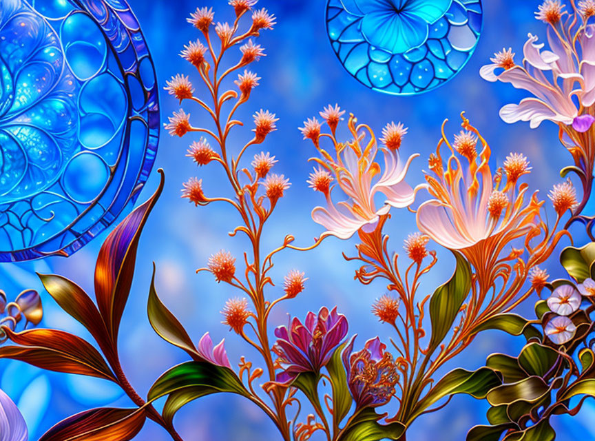Colorful digital artwork featuring stylized flowers and intricate details on a blue backdrop.