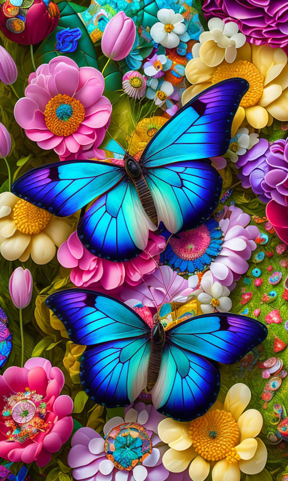 Colorful Blue Morpho Butterflies on Vibrant Artificial Flower Display