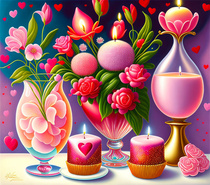 Vibrant romantic illustration with flowers, candles, hearts, and sandglass