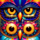 Symmetrical Owl Artwork with Vibrant Floral and Feather Patterns