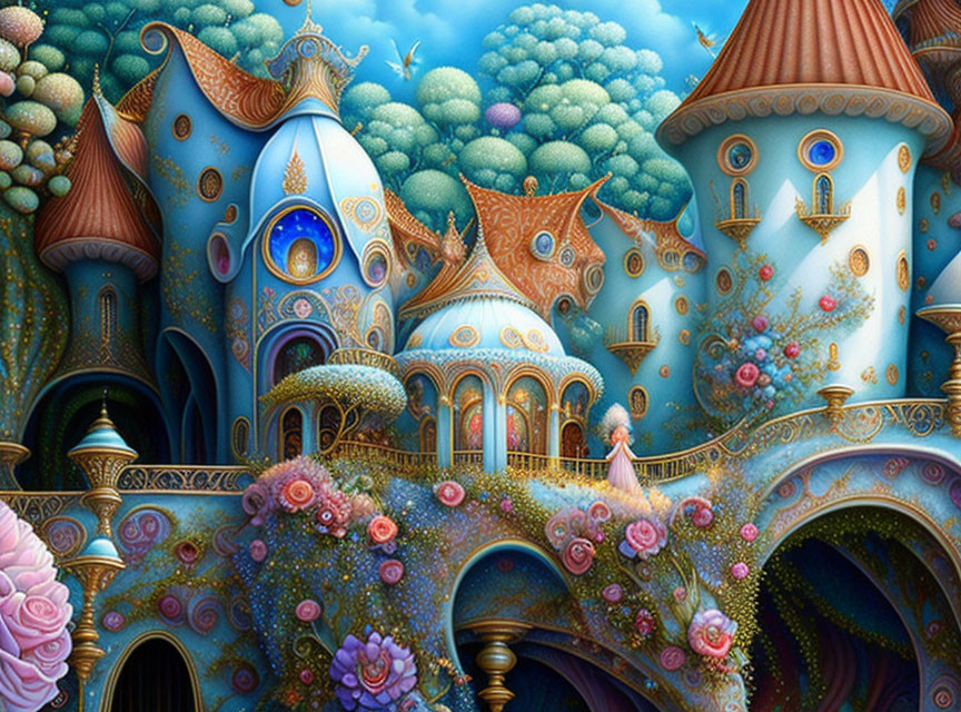 Fantasy illustration of young woman in pink dress among surreal, ornate houses