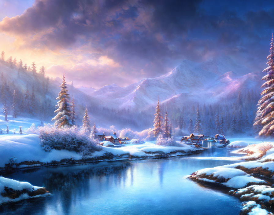 Snow-covered trees, blue river, village, and mountains in serene winter landscape