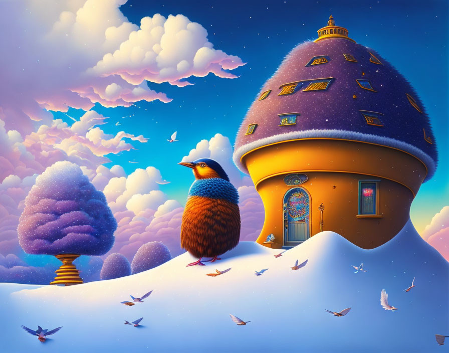 Large bird and whimsical house in snowy twilight scene with purple trees.