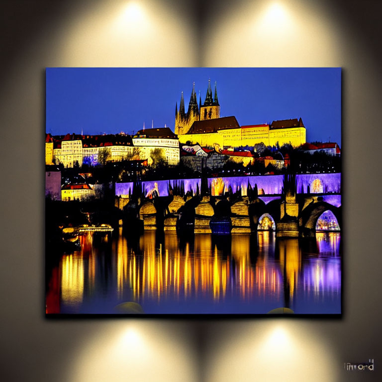 Cityscape with illuminated castle, historic bridge, and river reflections