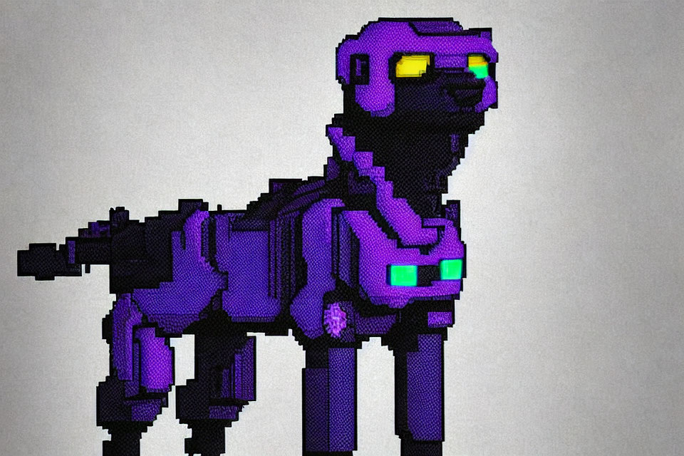 Pixelated robotic creature with glowing eyes on gray background