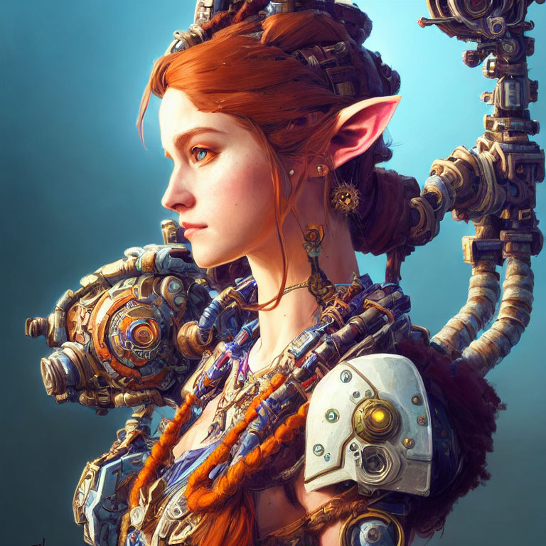 Futuristic young woman with pointed ears and intricate braided hair