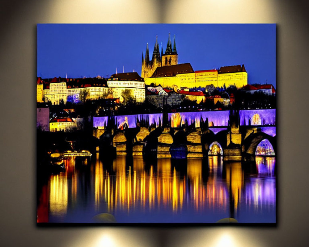 Cityscape with illuminated castle, historic bridge, and river reflections
