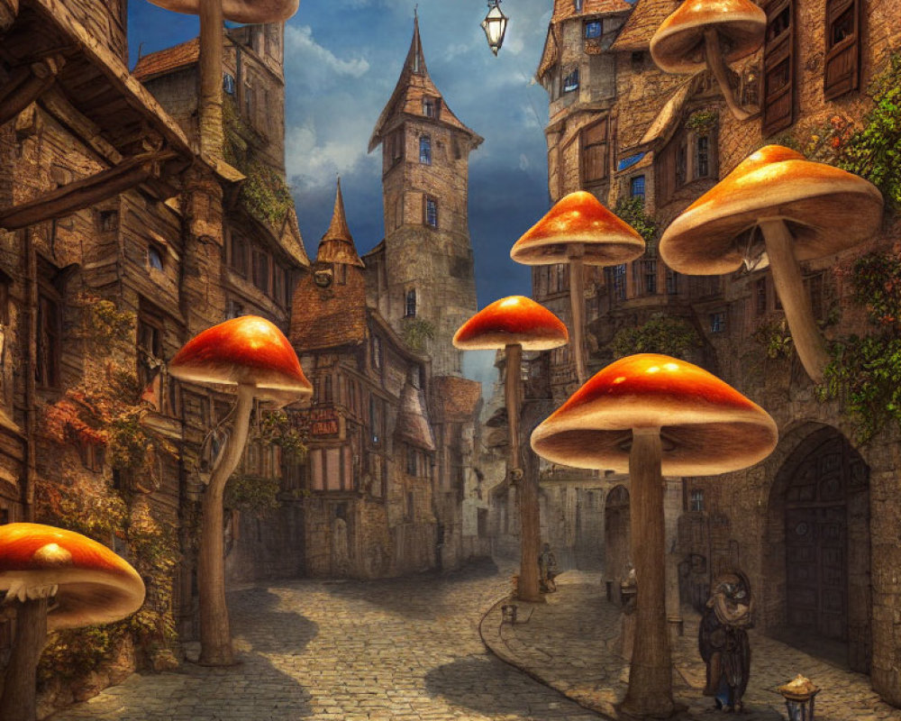 Medieval town cobblestone street with fantasy mushrooms, lantern, and figure.