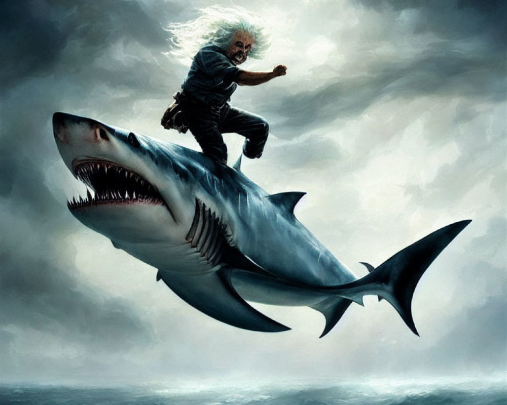 Ecstatic man riding giant shark in stormy ocean scene