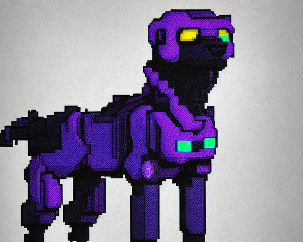 Pixelated robotic creature with glowing eyes on gray background