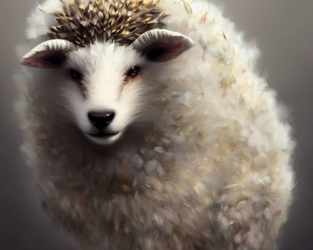 Realistic sheep digital painting with fluffy wool on neutral background