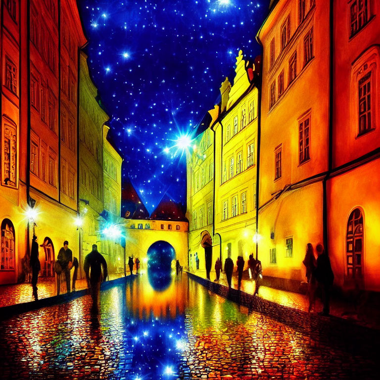 Vibrant Night Scene: Colorful Cobblestone Street with Silhouetted Figures