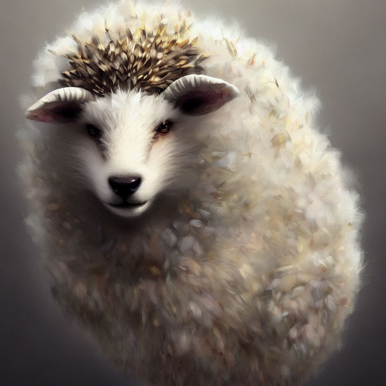 Realistic sheep digital painting with fluffy wool on neutral background