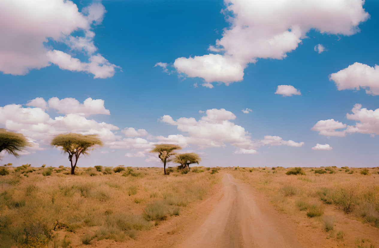 Tranquil desert landscape with dusty road and acacia trees