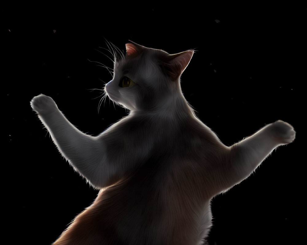 Fluffy grey and white cat backlit on hind legs