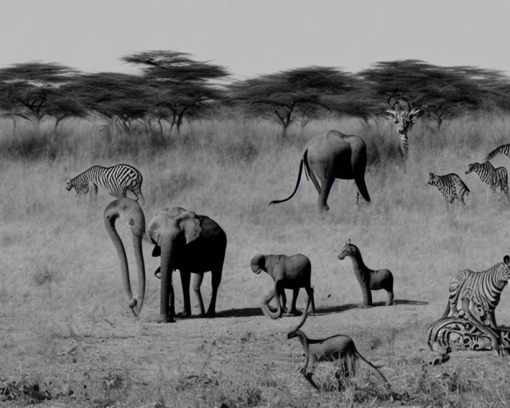 Wildlife grazing on savannah: elephants, zebras, and antelopes amid trees