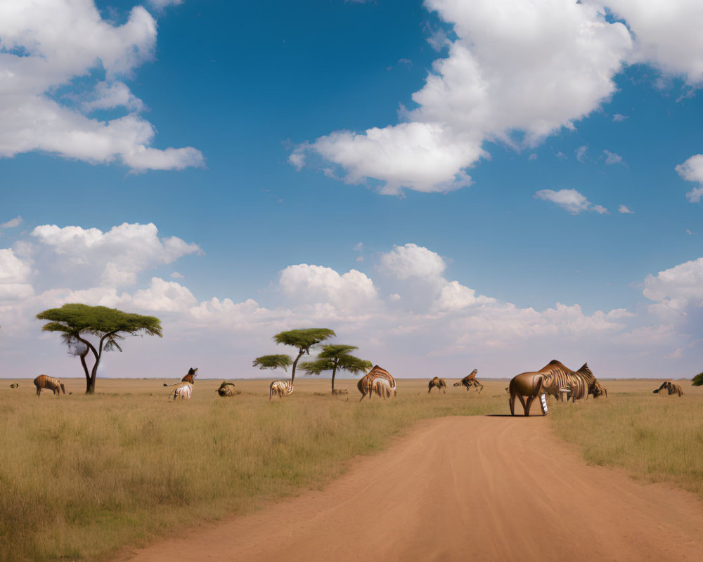 Tranquil savannah scenery with dirt road, acacia trees, clouds, and grazing zebras