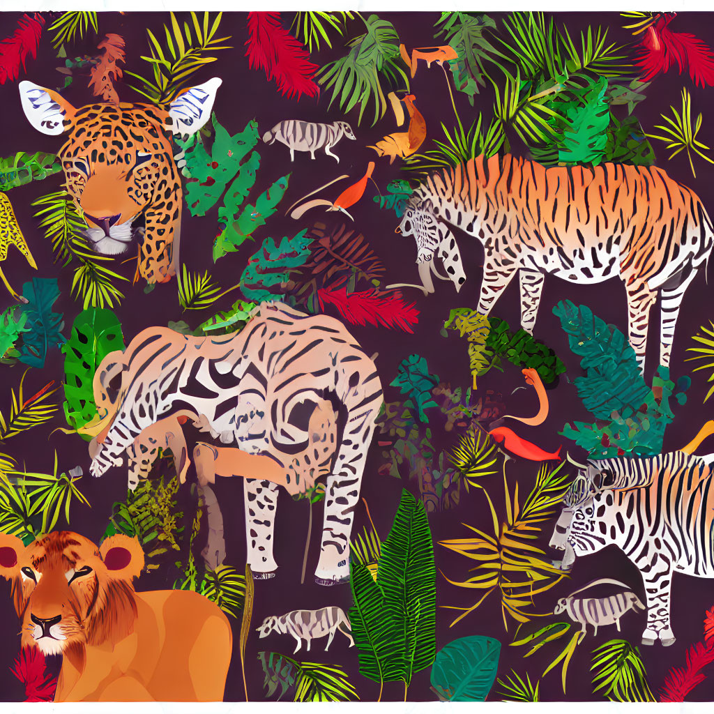 Vibrant jungle scene with leopards, tigers, lion, and tropical foliage