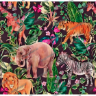 Vibrant jungle scene with leopards, tigers, lion, and tropical foliage