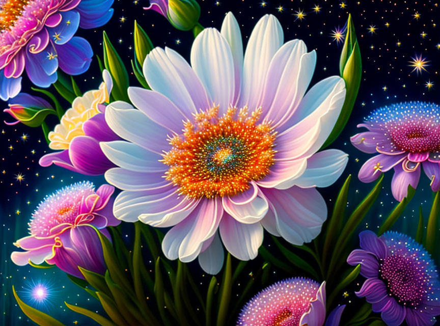 Detailed Digital Art: Luminescent Purple and White Flowers on Starry Backdrop