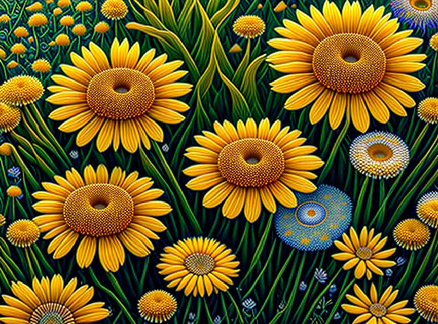 Colorful Sunflower Field Illustration with Intricate Patterns