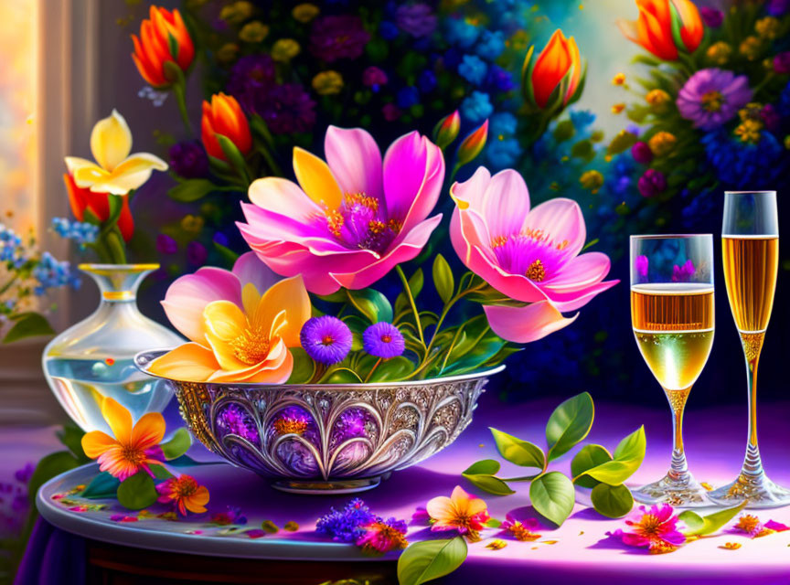 Colorful Flowers and Champagne Glasses Still Life on Purple Cloth