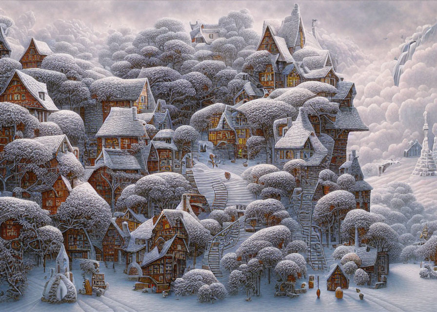 Snow-covered village in serene winter landscape