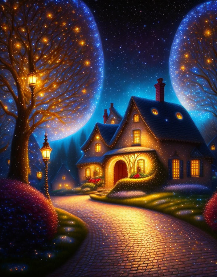 Enchanting night scene of cottage with glowing windows and starlit trees
