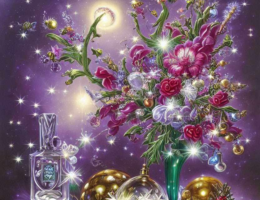 Colorful floral and starry background with perfume bottle in left corner
