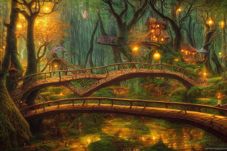Enchanted forest scene with wooden bridge, lanterns, and whimsical treehouses