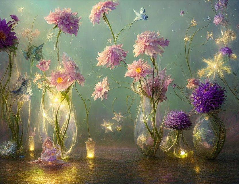 Whimsical scene with oversized flowers, fairy, birds, and glowing stars