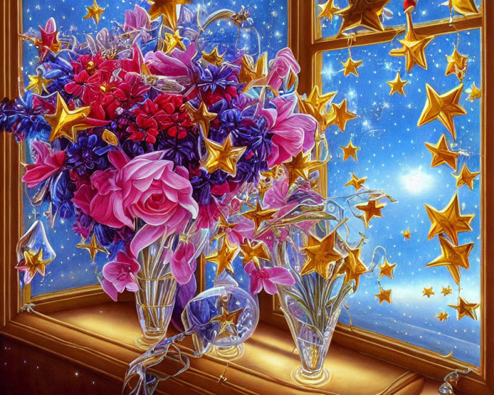 Colorful bouquet of flowers by window with celestial view