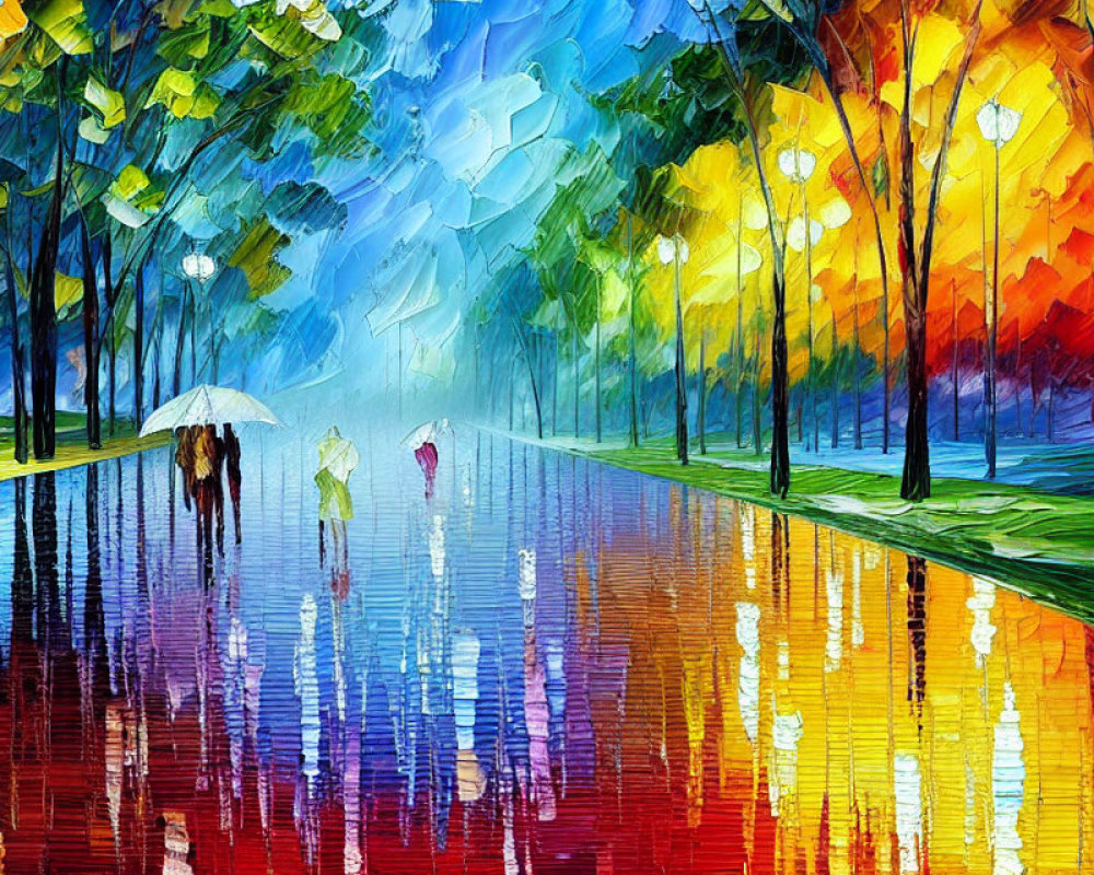 Vibrant impressionistic painting of people with umbrellas walking in the rain