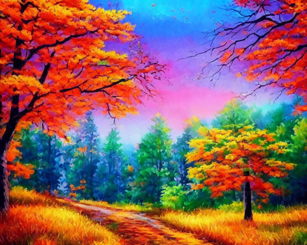 Colorful Autumn Forest Path Painting with Purple and Pink Sky