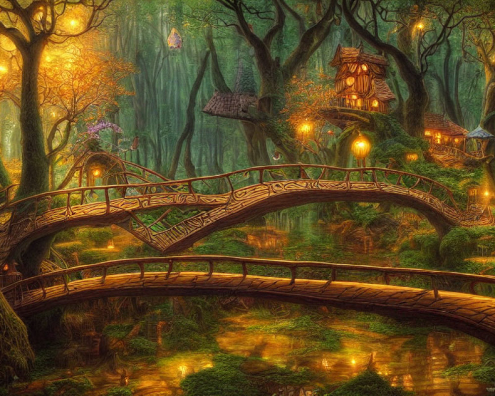 Enchanted forest scene with wooden bridge, lanterns, and whimsical treehouses