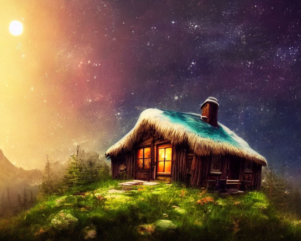 Thatched Cottage in Lush Green Clearing Under Starry Night Sky