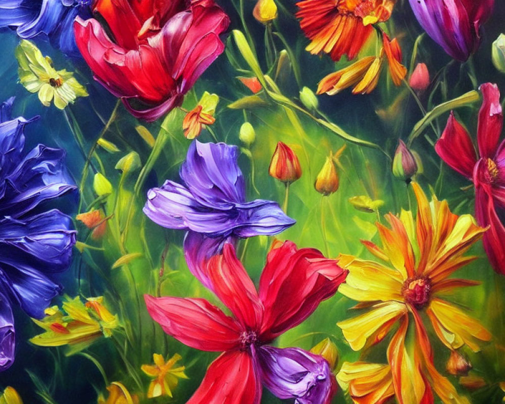 Vibrant floral painting with tulips, daisies, and colorful flowers on dark green backdrop