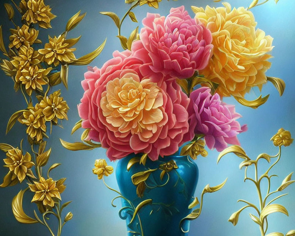 Colorful digital art: Blue vase with pink and yellow roses on golden foliage.