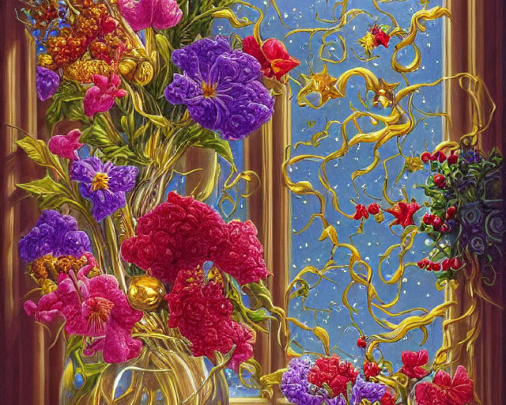 Colorful flower bouquet in golden vase by night sky with moon & stars, purple flowers on window sill