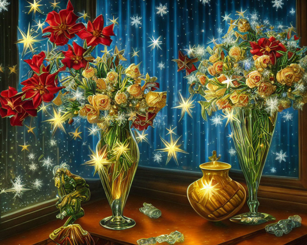Vibrant floral arrangements in vases with starry night background