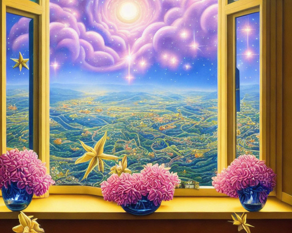 Colorful Painting: Window Ledge with Purple Flowers, Starfish, and Fantasy Landscape