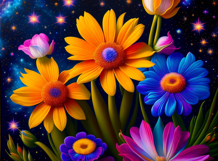 Colorful Flowers Against Starry Night Sky in Orange, Purple, and Blue