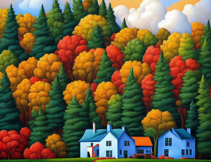 Colorful painting of blue house in lush forest with autumn trees and fluffy clouds