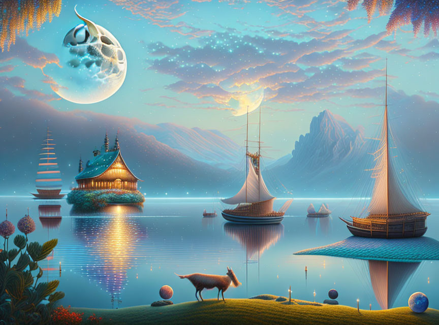 Fantastical Asian landscape with pagodas, sailboats, full moon, flora, goat,